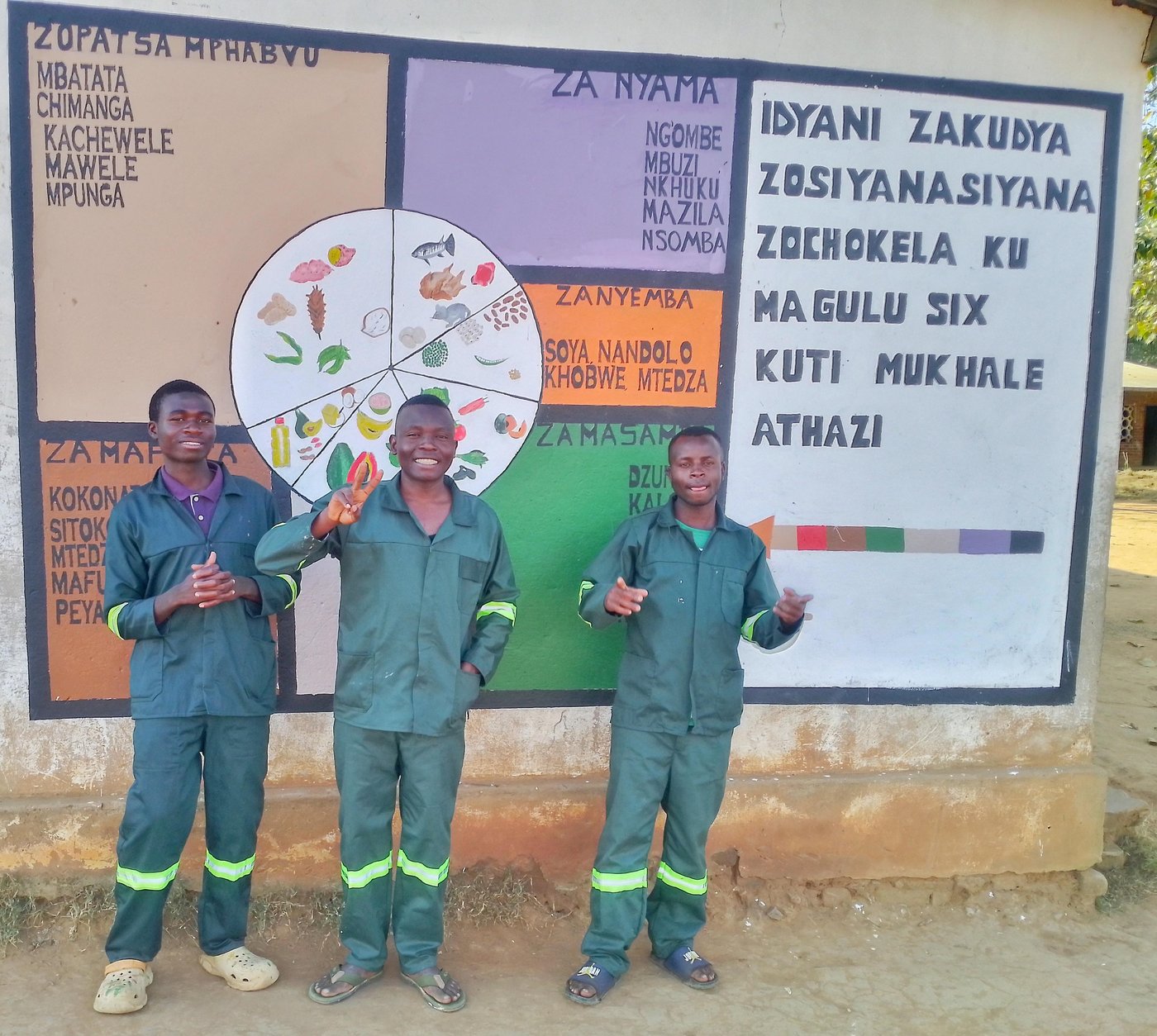 Mbalame Art team posing in front of a completed food-groups mural